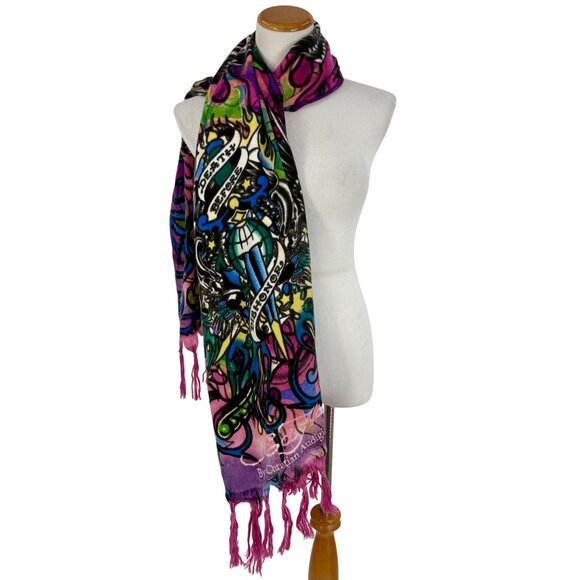 Christian Audigier x Ed Hardy Paisley Print Purple & Pink Fringed Hem Scarf - Picture 3 of 13